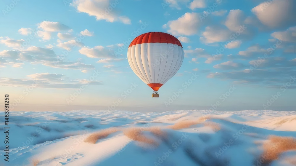 Poster 赤と白の気球が冬の雪景色の上を飛ぶ 砂漠のような白い風景の中に浮かぶ明るい太陽の光を浴びた気球