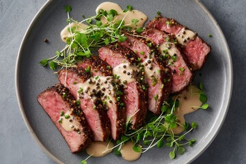 Seared Sliced Steak with Peppercorn Sauce and Microgreens