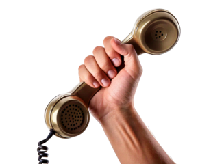 Hand, phone, vintage, separated — a natural and ideal studio photo showing a single human hand delicately holding an old telephone receiver, isolated cleanly on a white background for creative use.

