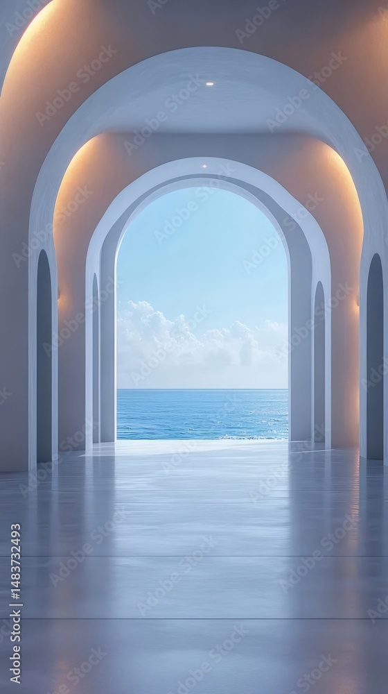Poster 白いアーチ型通路からの海の眺め 空と海の青が明るい建築デザインの屋内空間を照らす 光の反射が床にテクスチャと奥行きを与える