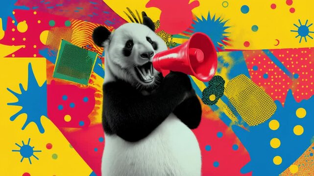 A panda enthusiastically using a megaphone against a backdrop of vibrant patterns and colors, creating an engaging urban atmosphere
