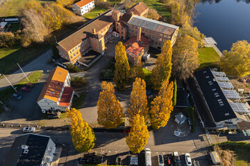 Beautiful view of colorful autumn trees and river on sunny day, aerial drone perspective