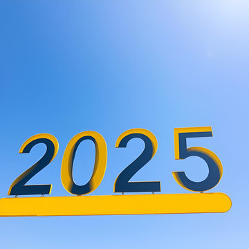 Photo Text 2025 on yellow sign against blue sky. New Year resolution and goal to change and progress, business success and growth strategy, future challenge vision, start or beginning, startup, calend