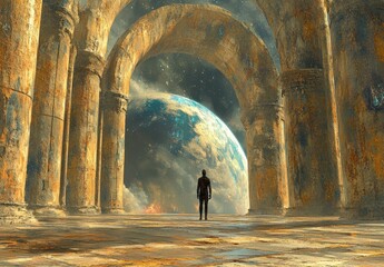Lone Figure Contemplating Celestial Body in Ancient Ruins