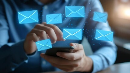 A businessman checks messages on a smartphone as envelope icons appear above the device in a modern workspace setting - Powered by Adobe