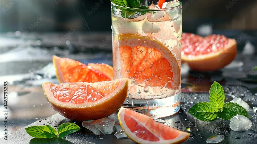 Poster a glass of pink grapefruit juice with a green leaf on top. the juice is served in a tall glass with 