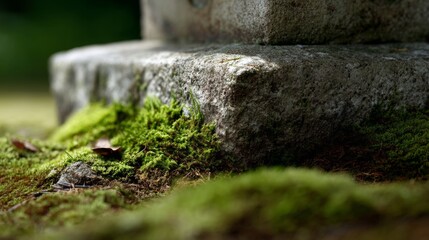 Obraz premium Moss blankets the base of weathered stone, transforming decay into a vibrant display of life against the backdrop of a forgotten past.