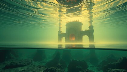 Submerged architectural marvel, underwater city, dreamlike, serene, teal waters