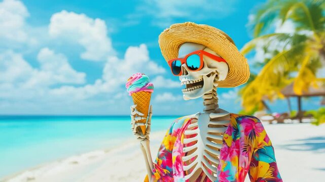A skeleton dressed in colorful summer clothes holds an ice cream cone while relaxing on the beach under a sunny sky with palm trees. Vacation, tourism