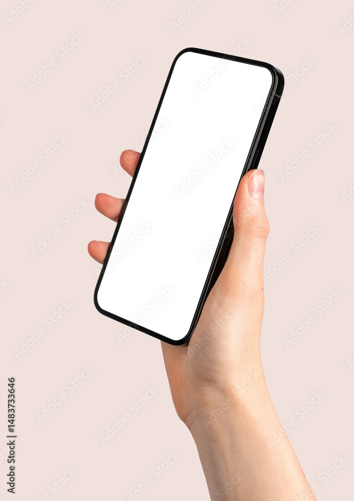 Poster woman holding smartphone, displaying a blank screen. using mobile device for communication, browsing