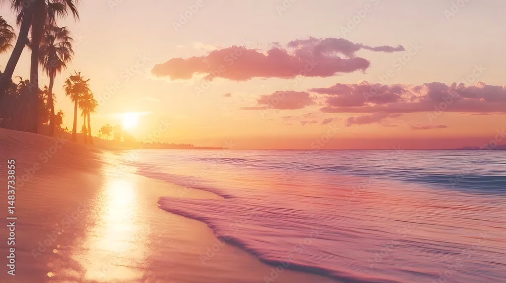 Aufkleber ピンクとオレンジ色の夕焼けが海と砂浜に反射するトロピカルビーチの夕景