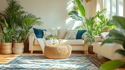 Bright living room with lush greenery and natural light