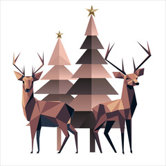 Vector set minimalistic abstract illustration of origami Christmas tree, deer made using simple geometric shapes. Reindeer suitable for printing, wallpaper, digital projects. 