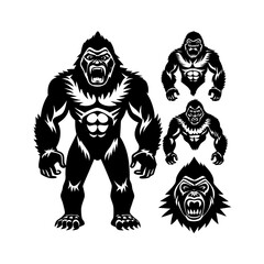 black gorilla icon set silhouette vector