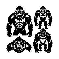 black gorilla icon set silhouette vector