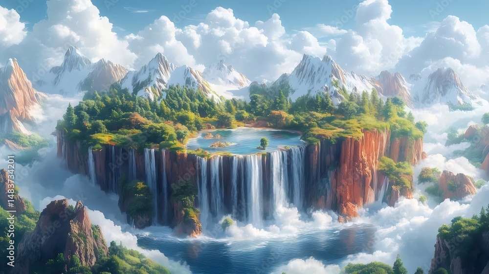 Poster 雲に浮かぶ滝のある幻想的な山の島のパノラマ風景 自然の驚異と静けさを描いた鮮やかな高解像度画像