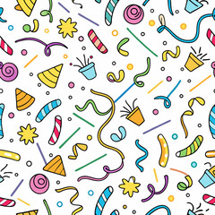 Festive party pattern with colorful confetti, streamers, party hats, and treats
