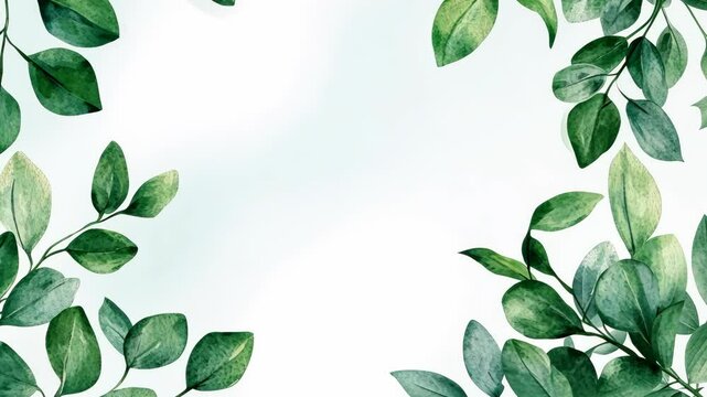 A green leafy border with a white background. The leaves are painted in watercolor and the border is made up of green leaves. The border is a frame for a piece of artwork or a design
