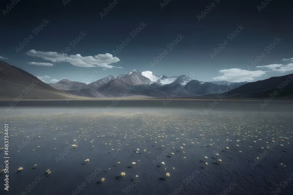 Poster 雪を頂いた山々と穏やかな湖の広大な風景 反射する水面と点在する植生が印象的な高原の眺め