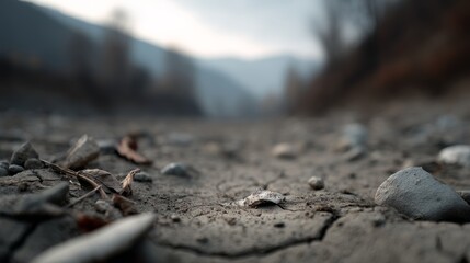 A textured, arid ground with scattered leaves and rocks, framed by blurred mountains in the background under a soft, cloudy sky.