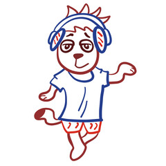 funny dog ​​boy dancing to music in headphones