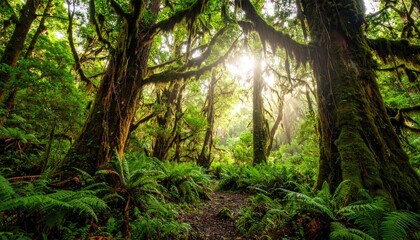 Fototapeta premium Ancient rainforest with towering trees and glowing green canopy