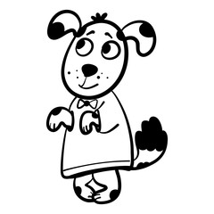 cute modest puppy standing on hind legs, wearing a sweater with a bow tie, black outline