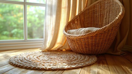 Fototapeta premium Wicker chair and round rug, sunny room corner indoor