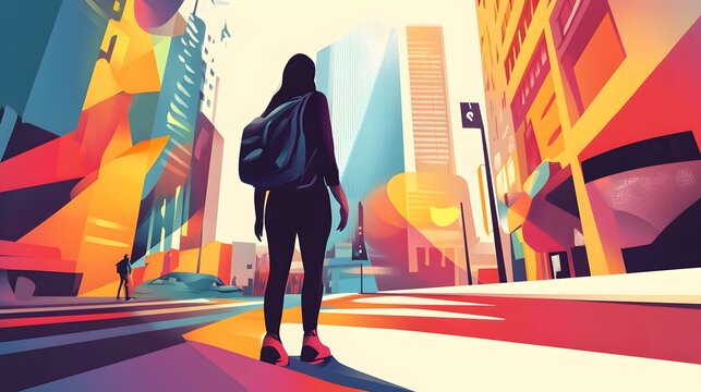 Digital illustration depicts a silhouetted figure walking through a vibrant, geometric cityscape at sunset.