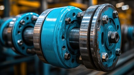 Fototapeta premium Industrial machine components with blue couplings