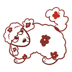 Funny fluffy dog ​​with flower shaped spots looking at butterfly sitting on her tail