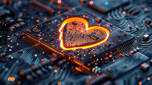 A computer chip with a heart on it. The heart is lit up and surrounded by a black background
