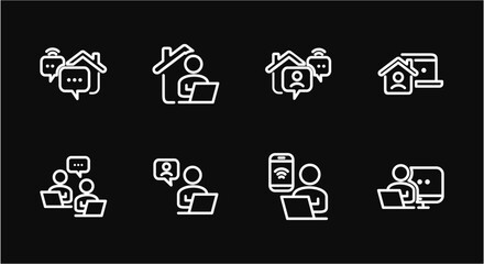 Remote Work Line Icons . Freelancer Work from Home, Video Call, Online Meeting, Teleconference Vector Set