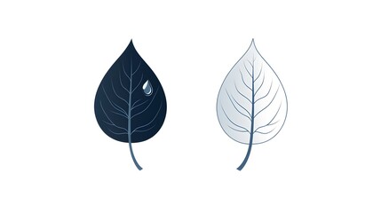 Digital illustration of two stylized leaves, one black with a water droplet, the other a gray outline.