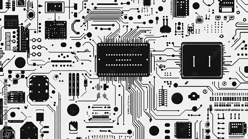 Poster detailed black and white circuit board pattern with intricate design and electronic components layou