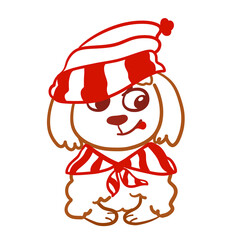 funny puppy in a warm striped hat and scarf