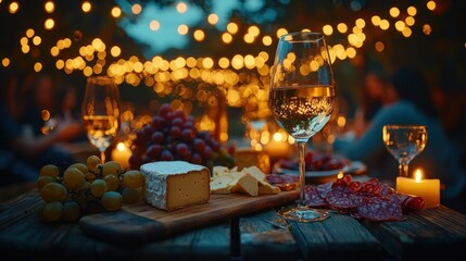 Wine, cheese, and grapes at dusk, lit with string lights