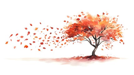 Watercolor painting depicts a tree with falling red leaves against a soft, blurred background.