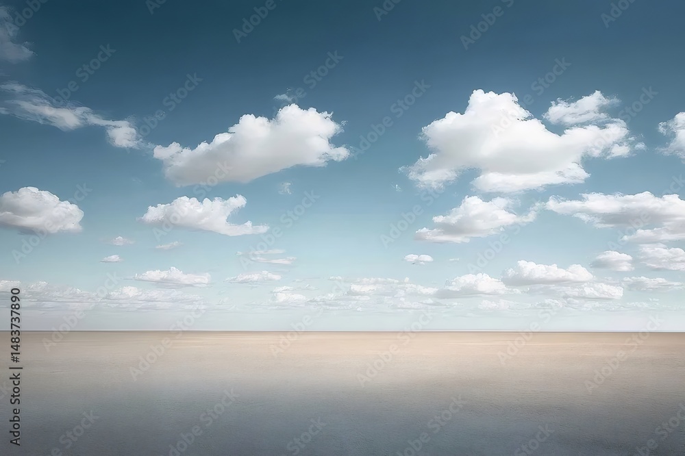Aufkleber 青い空と白い雲と砂色の草原が広がる穏やかな風景の広角写真