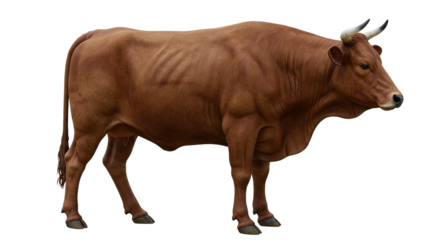A brown bull stands in profile against a black background with its horns slightly visible at the top