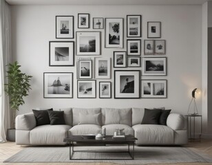 Minimalist living room, gallery wall of empty black frames, modern decor, plants, home staging