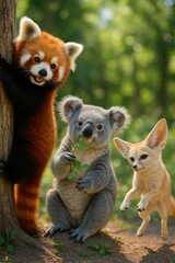Obraz premium Red panda clinging to tree, koala nibbling leaf, and fennec fox leaping joyfully in playful forest scene