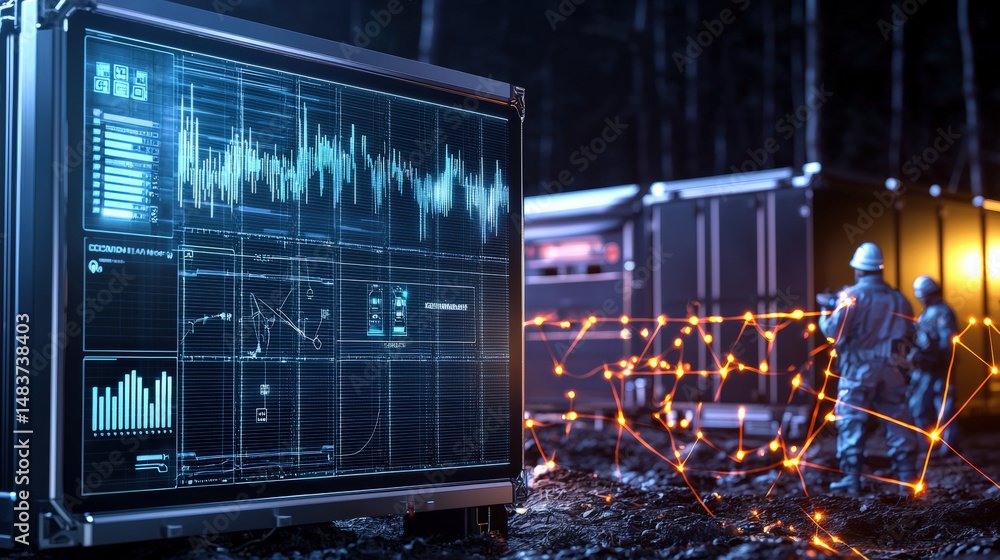Poster data analysis operation remote site digital dashboard nighttime close-up technology integration