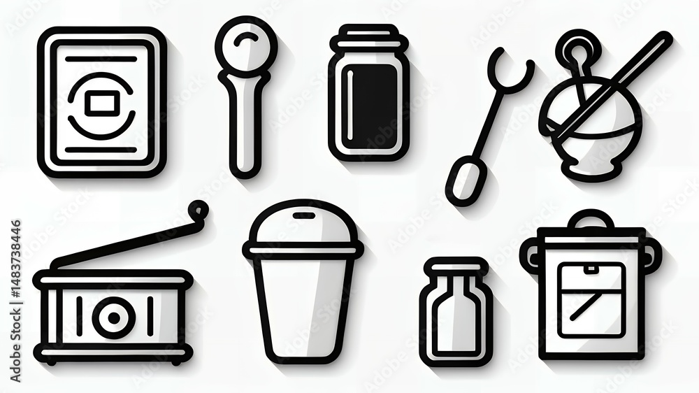 Poster collection of outlined icons featuring household objects and containers on white background