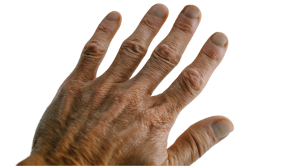 Hand of an elderly person isolated on transparent background showing skin texture