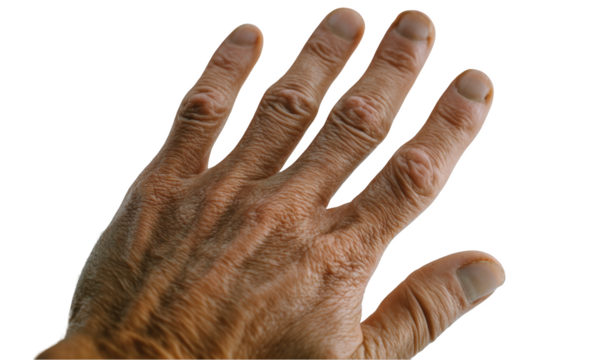 Hand of an elderly person isolated on transparent background showing skin texture