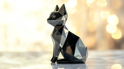 Geometric black cat sculpture with sparkling bokeh background