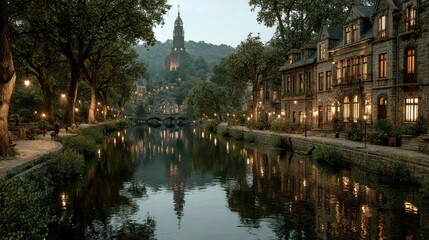 Fototapeta premium Charming European Town at Dusk with Illuminated Buildings and Tranquil River Reflections
