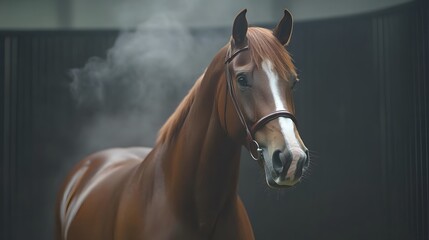 Fototapeta premium Stunning Chestnut Horse Portrait in Stable with Smoke