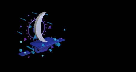 White crescent symbol on a pedestal of abstract geometric shapes floating in the air. Abstract concept art with flying shapes on the left. 3d illustration on black background